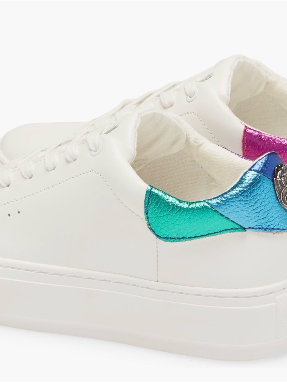 Kurt Geiger White Leather Sneakers with Iridescent Teal, Blue & Pink Heel Panels